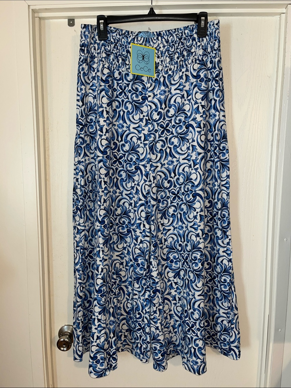 CeCe White & Blue Linen Blend Swirl Print Extra Wide Leg Pants Large NWT